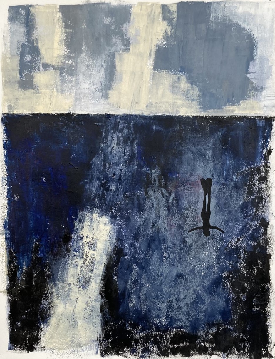 N° B 142 - Grand Bleu - Acrylique et collage sur papier - 65 x 50 cm - 19 avril 2022